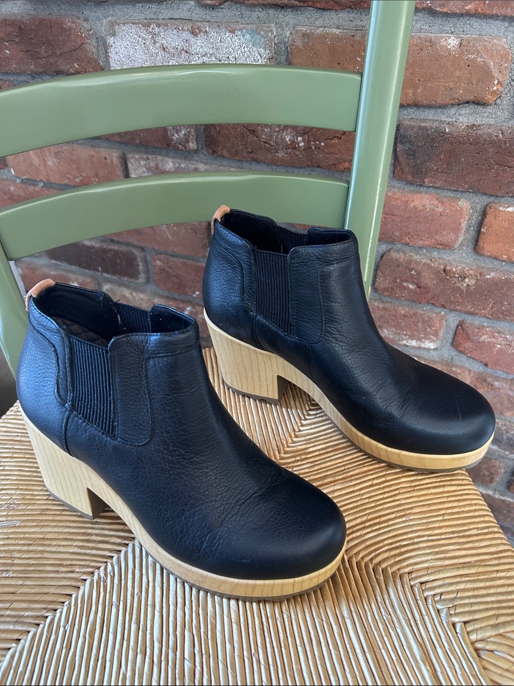 Dr. Scholl's Black Leather Ankle Booties with Light Wood-Effect Heel